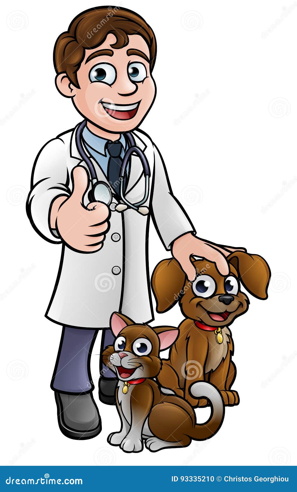 vet cartoon character with pet cat and dog