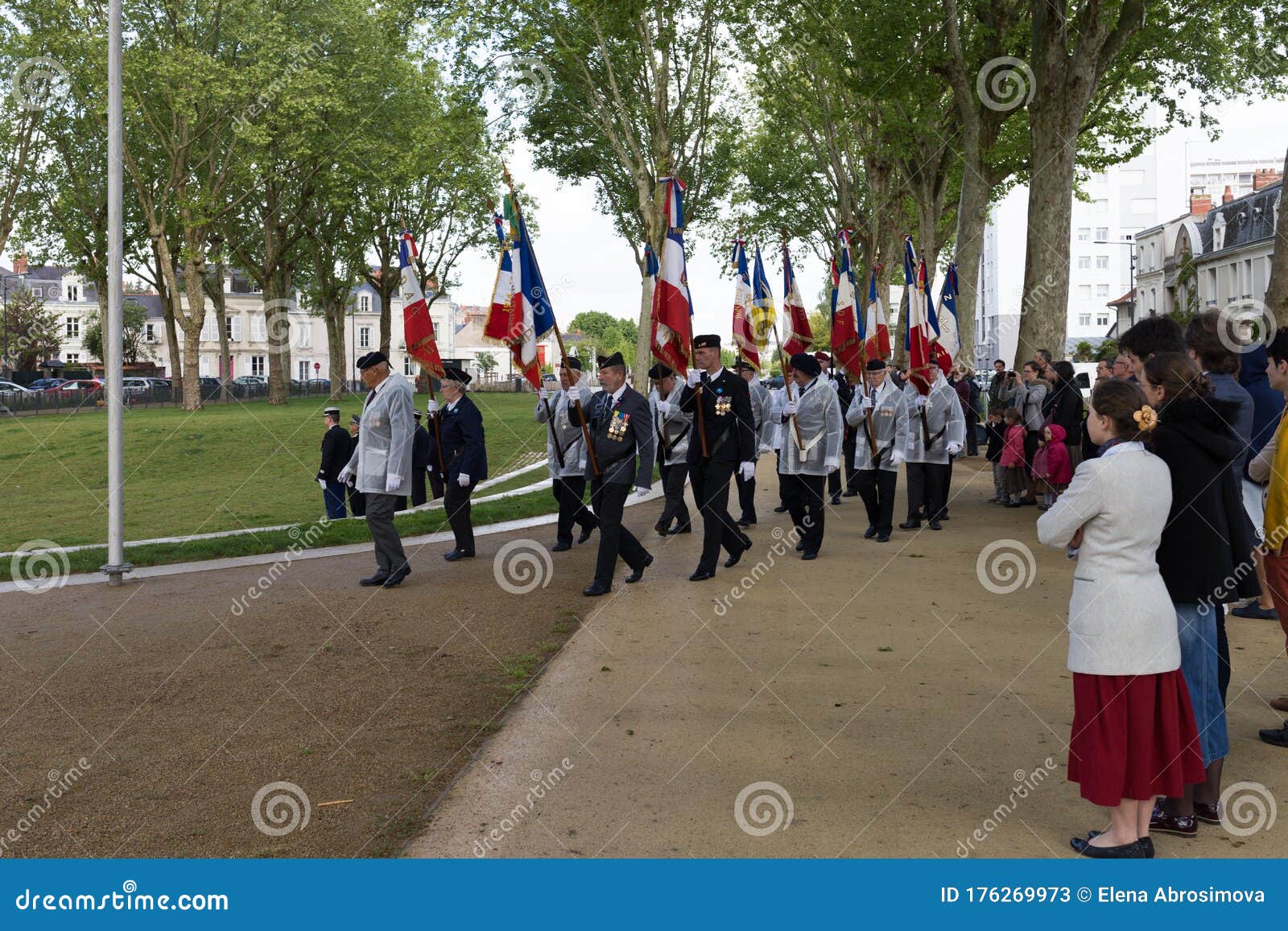 Veterans Marching with Flags, Crowd of People, 8 May Victory Day in