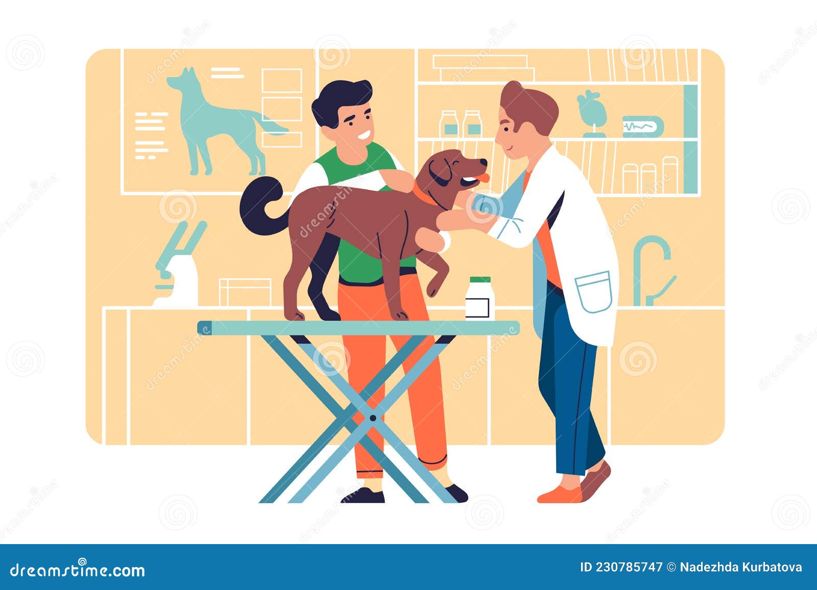 Veterinarian Examining Pet. Doctor Treats Dog. Animal Helping Service.  Owner with Puppy in Clinic. Specialist Checking Stock Vector - Illustration  of people, veterinary: 230785747