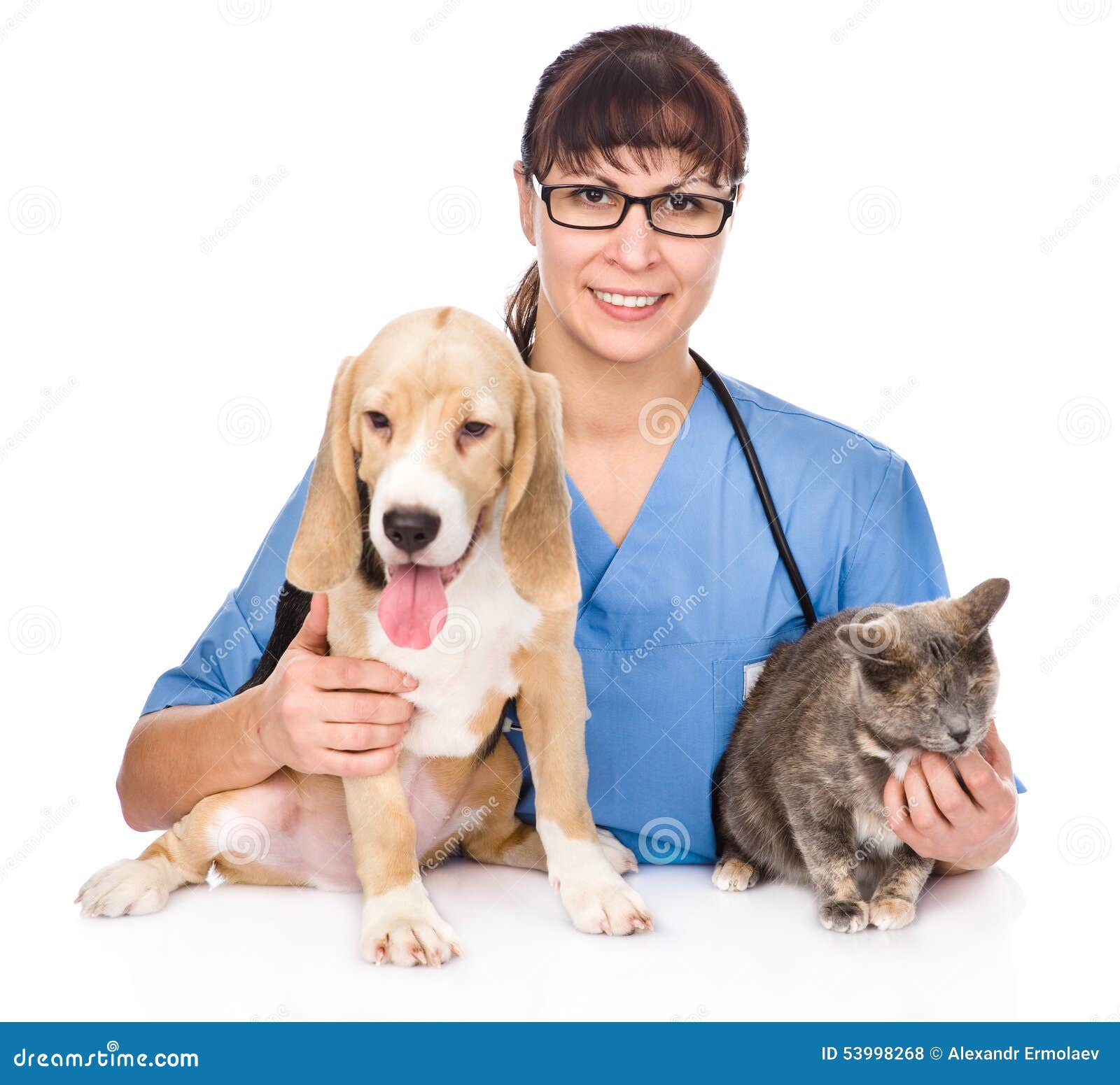 Veterinarian Hugging Cat And Dog. On White Background Stock Photo