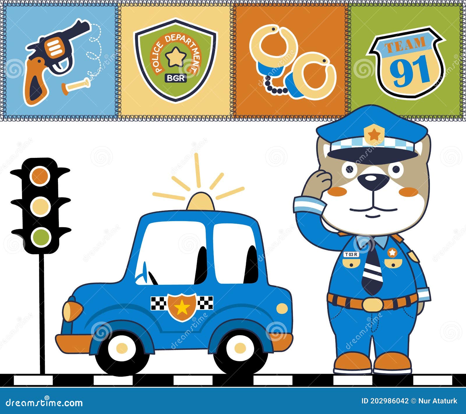 Desenho de urso engraçado no carro da polícia. jogo de papel de