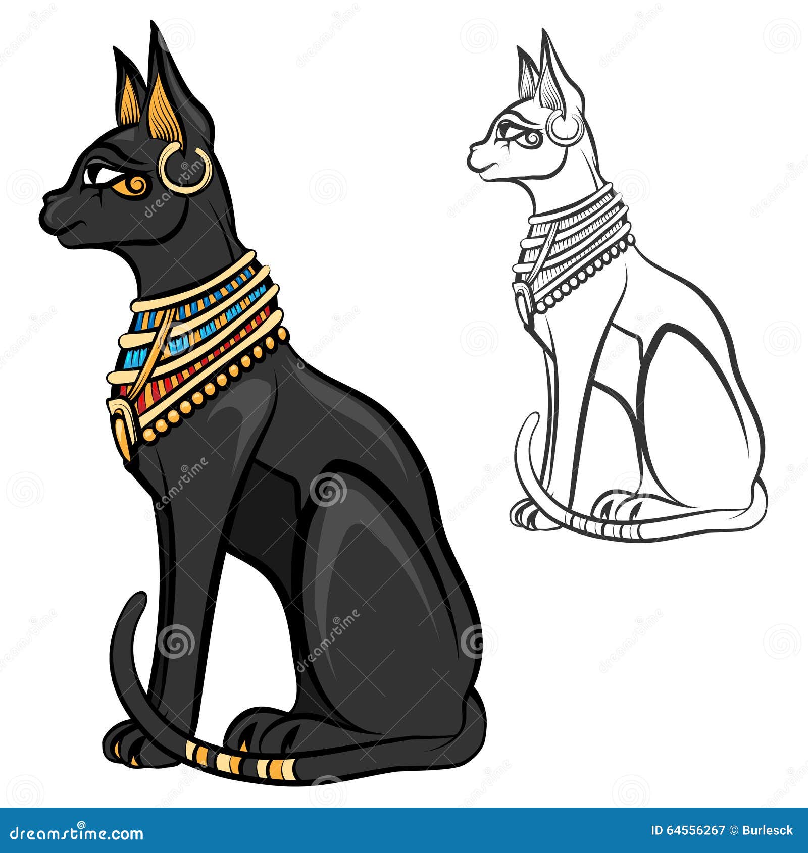 Gato egípcio. deusa bastet. gato preto com asas de escaravelho e colar de  ouro. satuette do antigo egito art. desenho animado 3d ícone do design.