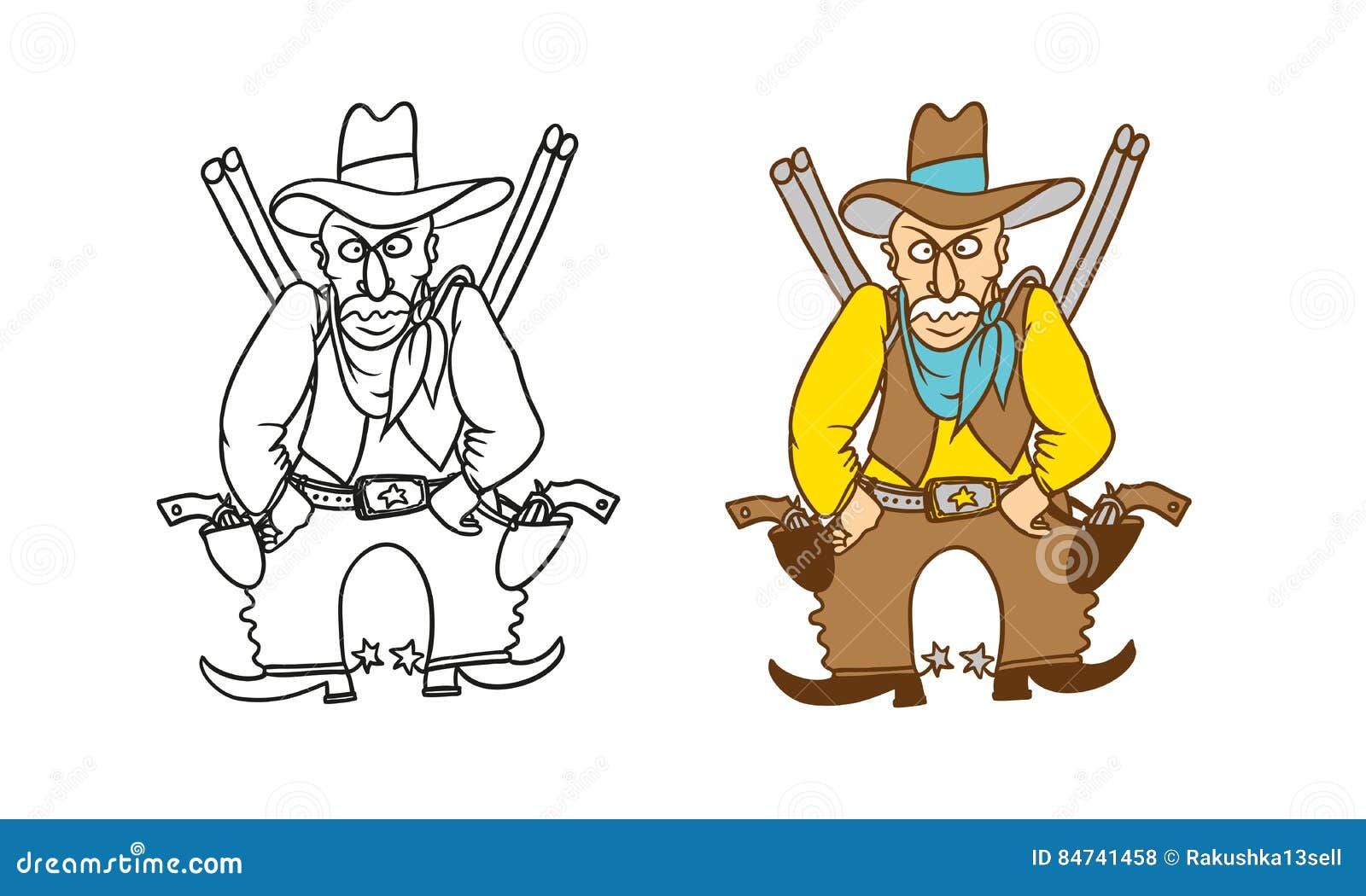 Vettore che colora il carattere umoristico di caricatura Cowboy munito arrabbiato dello sceriffo con i revolver i fucili e un ca Libera da Diritti