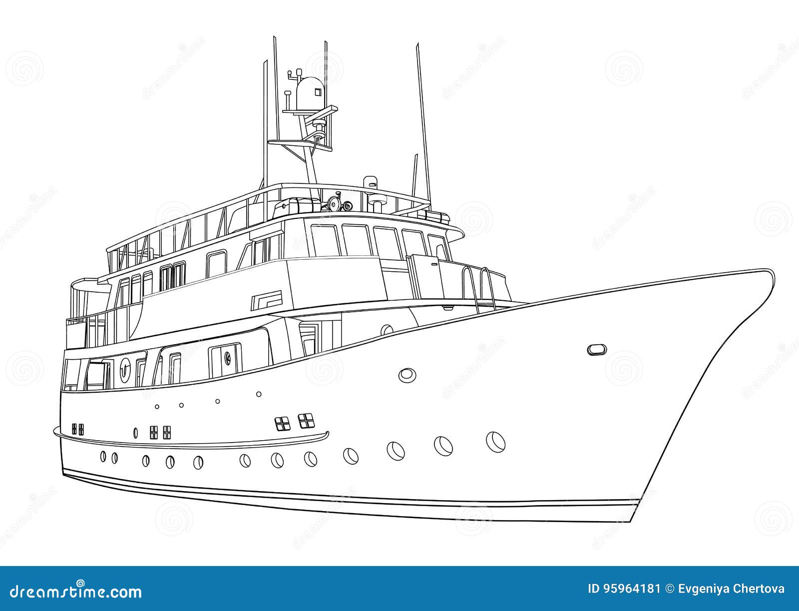 Vettore dell yacht nave della siluetta di contorno su fondo bianco disegno in bianco e nero per il libro da colorare