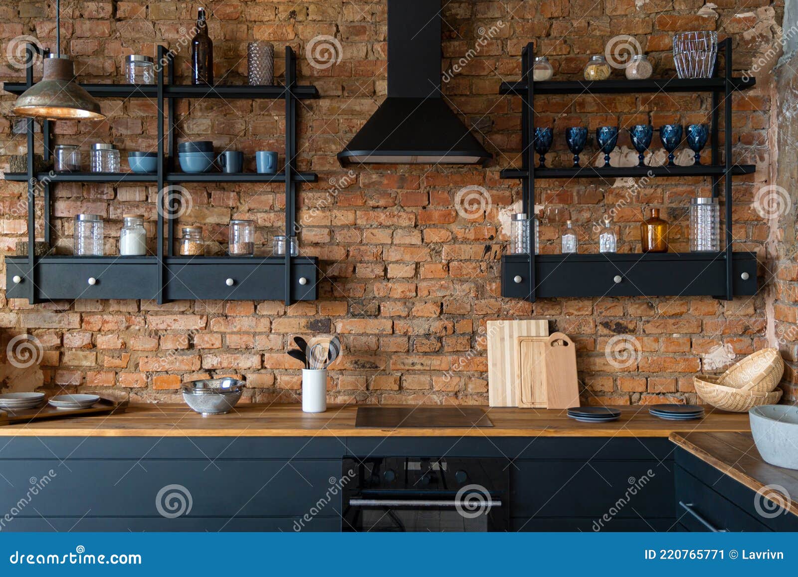 Vew on Open Space Industrial Loft Kitchen with Vintage Decor and ...