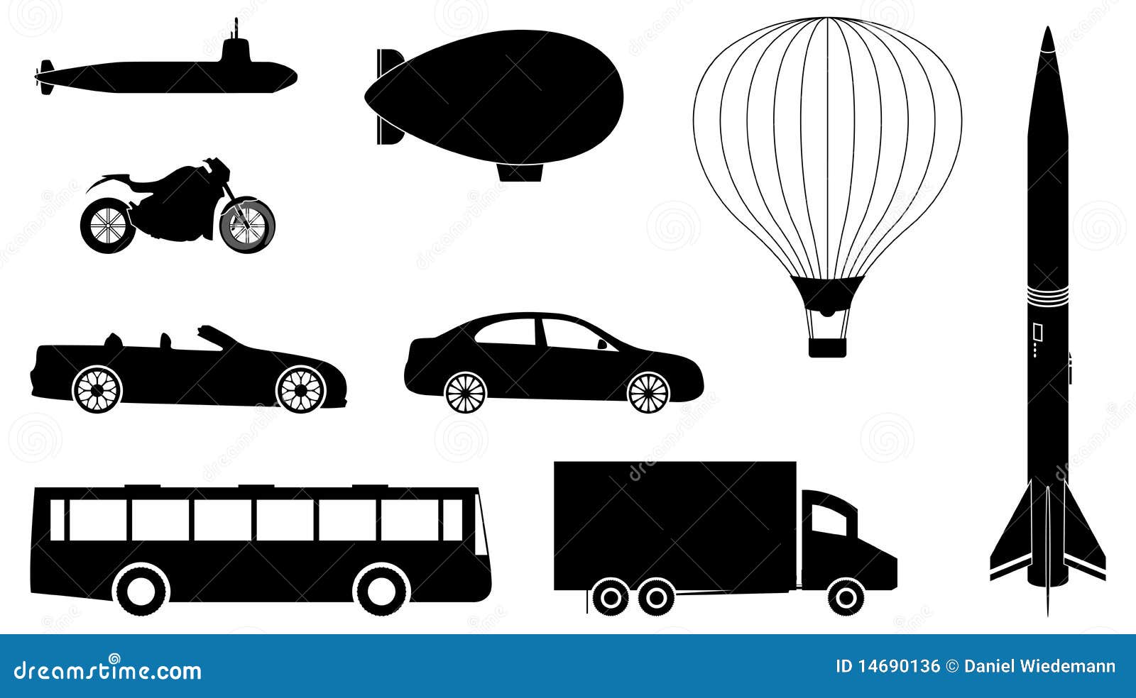 Veículos ajustados. Um jogo dos veículos tais como o balão do caminhão, o submarino e o quente de ar dos carros, do barramento.