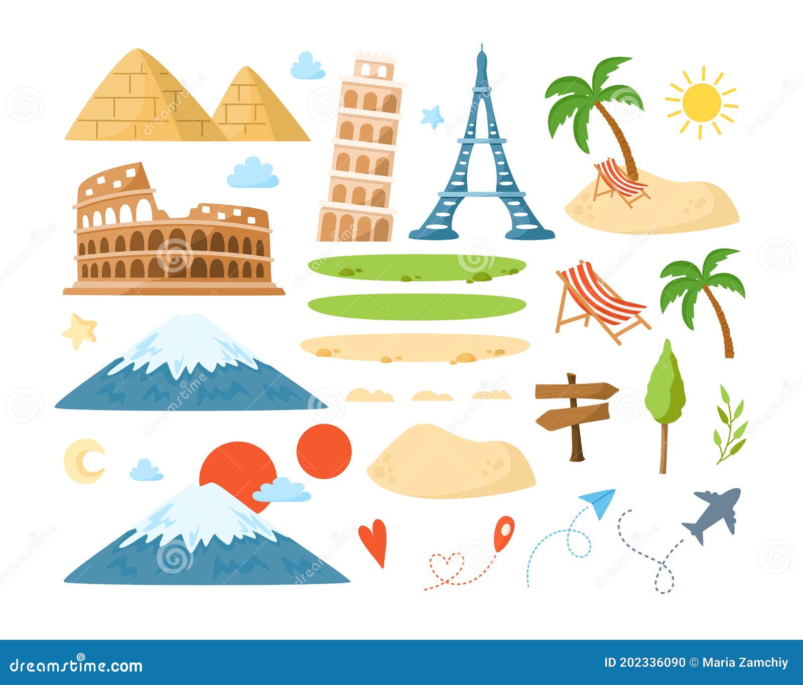Viaje De Dibujos Animados O Colección De Vacaciones Ilustración del Vector  - Ilustración de conjunto, turismo: 202336090