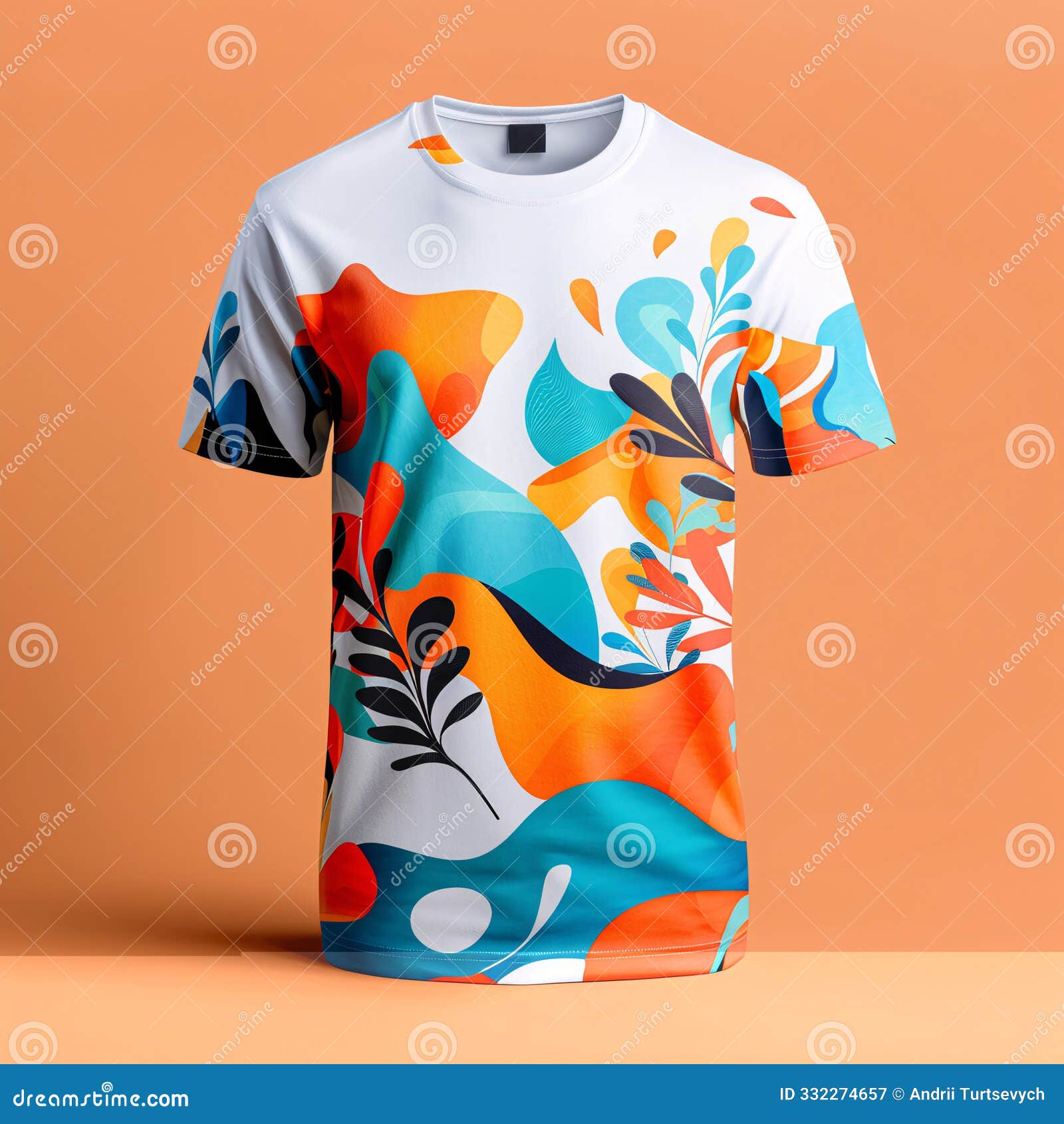 vibrant abstract art t-shirt on orange background displaying colorful 