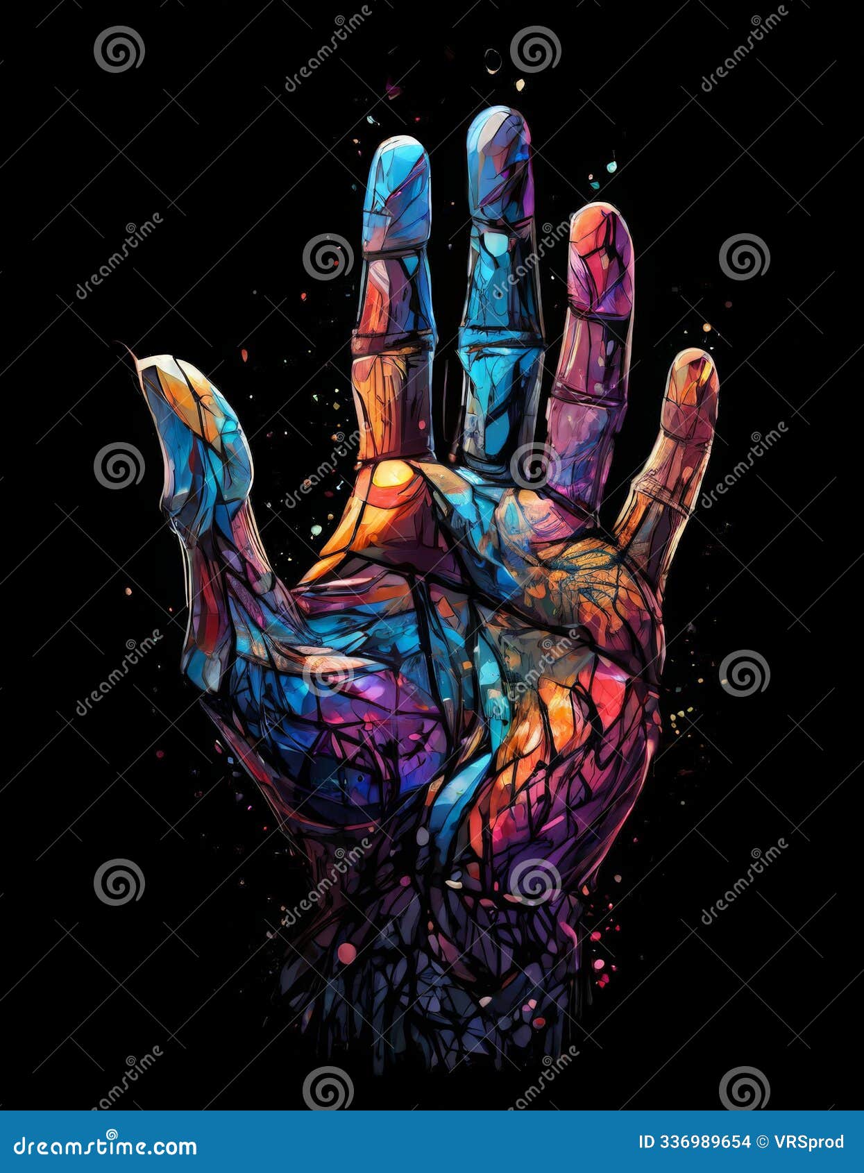 vibrant abstract  of a hand in colorful stained glass style