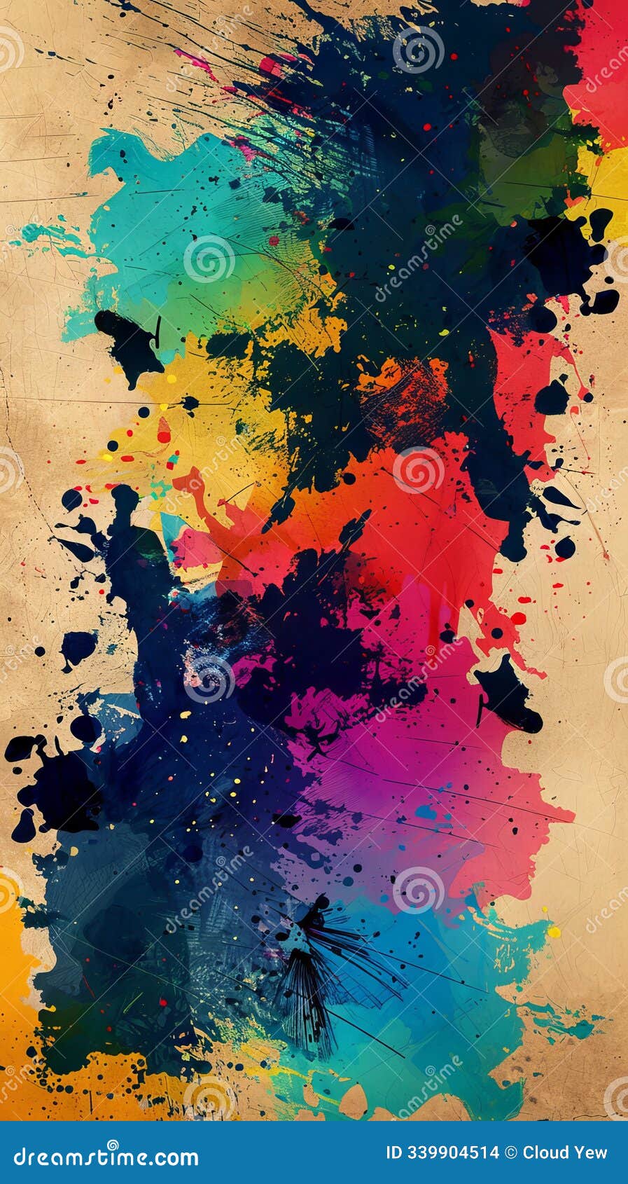 vibrant abstract paint splatter art on canvas with multicolored ink blots