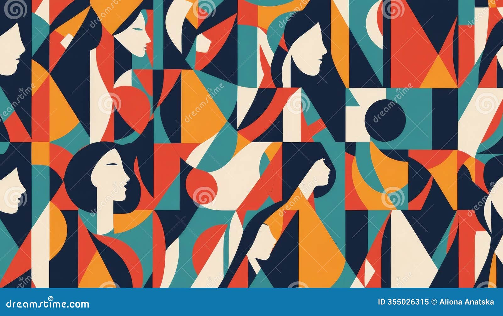 a vibrant abstract pattern featuring colorful silhouettes of women in elegant poses, combining bold colors and geometric