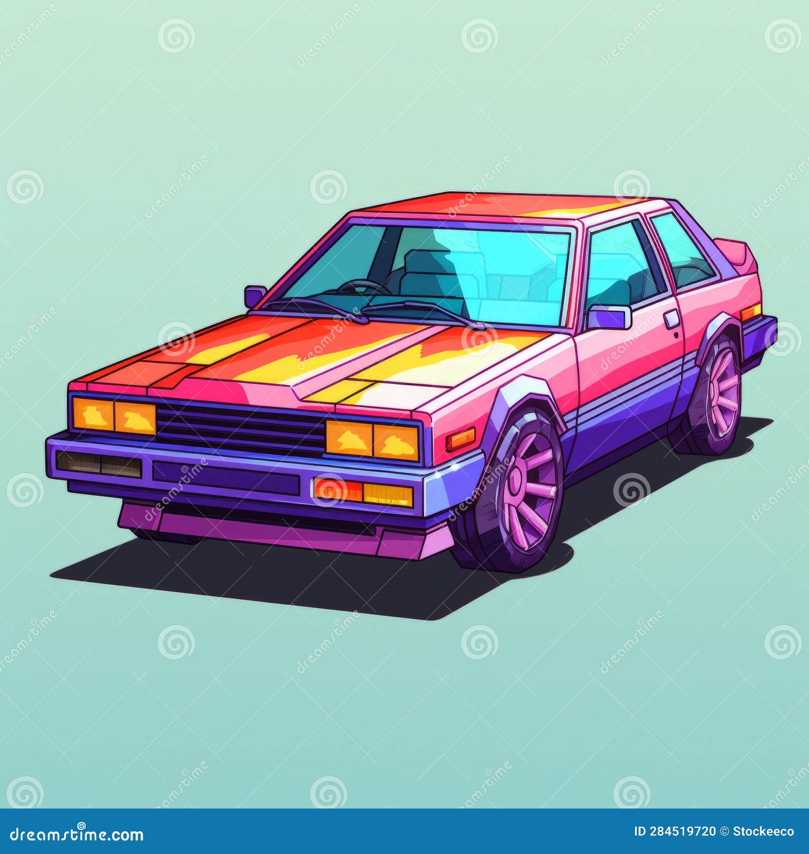 vibrant anime car: a pixelated realism with retro filters and 1980s vibes