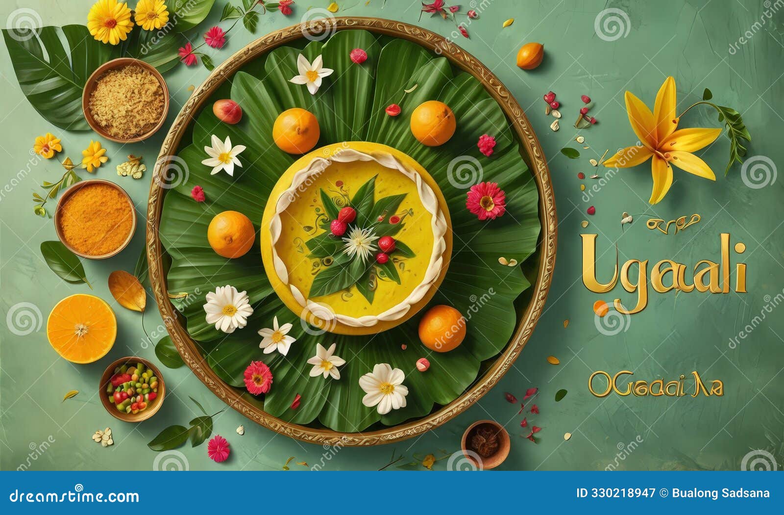 vibrant arrangement fruits, flowers, and spices adorns circular plate, accompanied by the text 