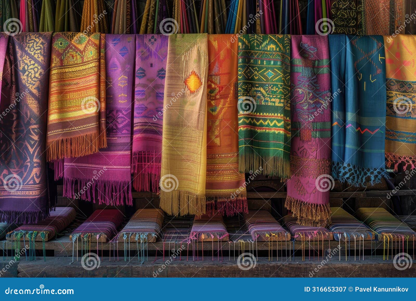 vibrant array: a display of colorful scarves