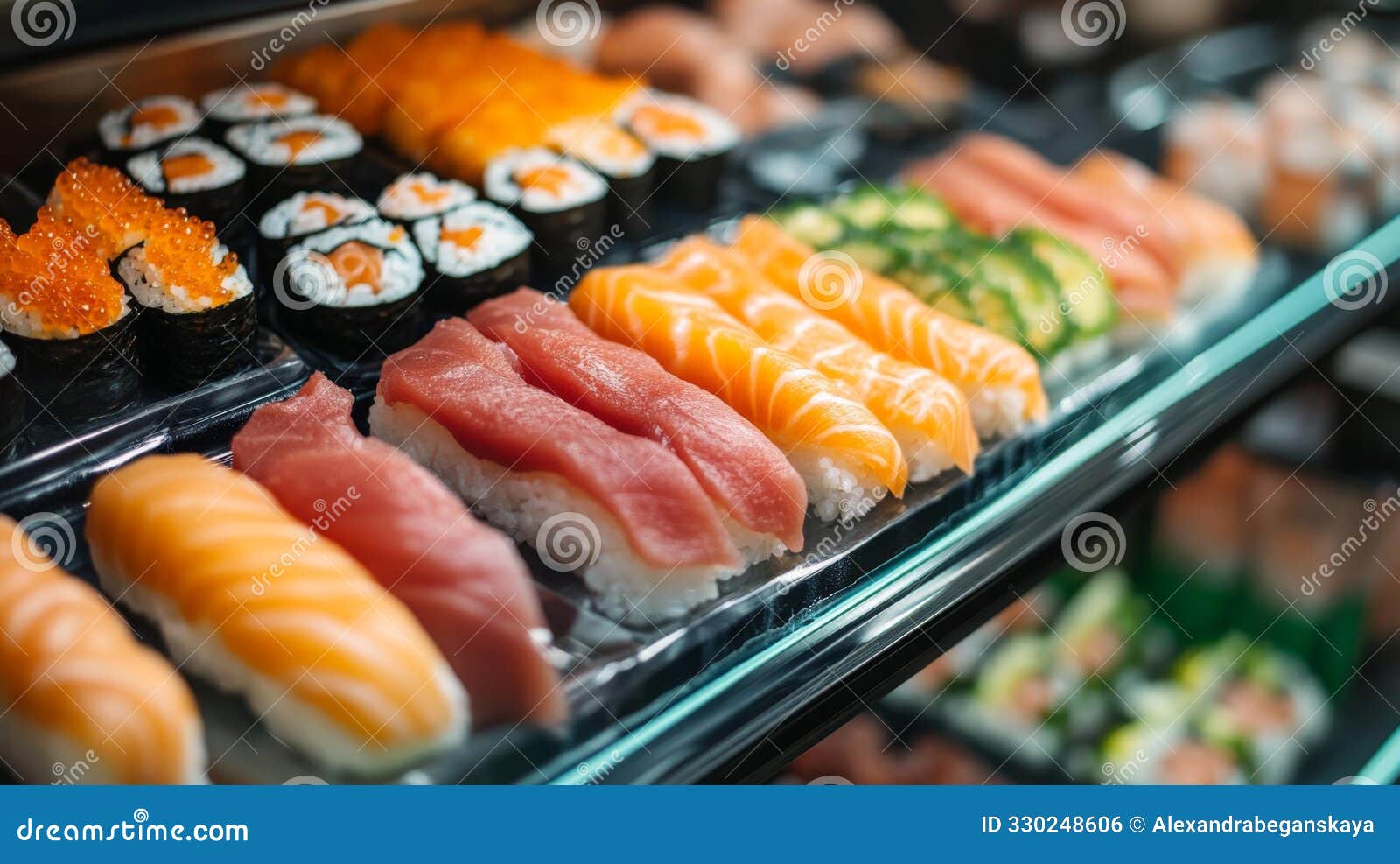 colorful sushi selection display at japanese restaurant