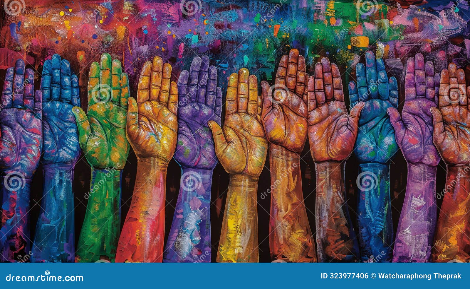 a vibrant artwork depicting colorful hands raised against an abstract, multicolored background image