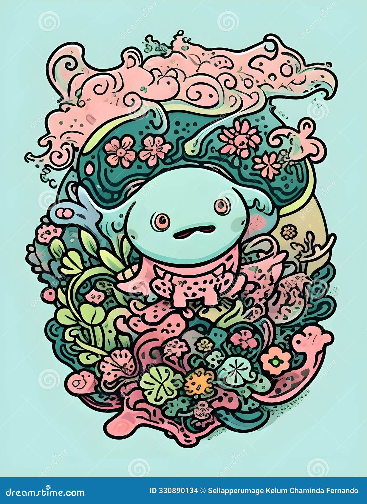 a vibrant axolotl  adorned with colorful flowers and lush plants