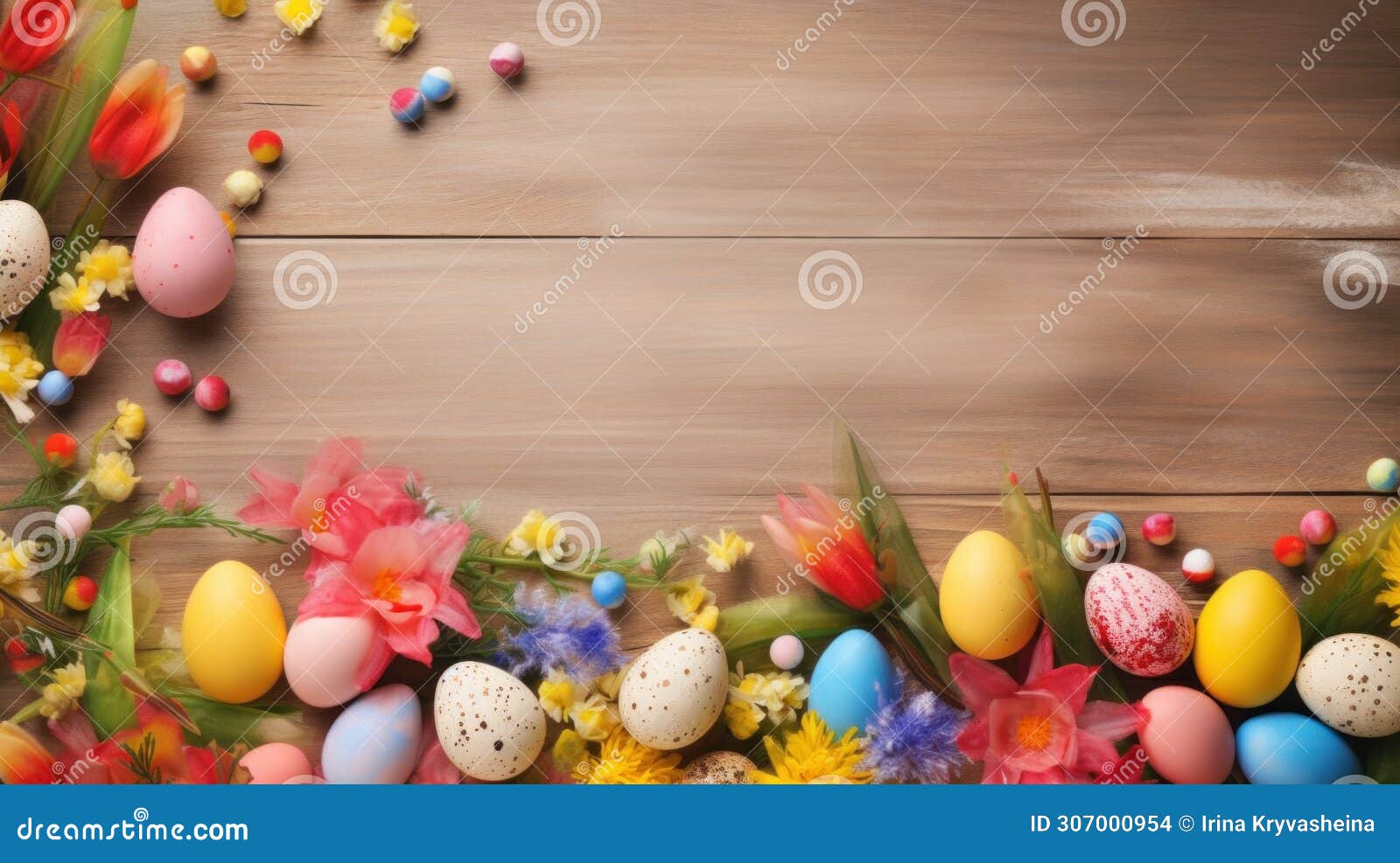 vibrant background, colorful eggs, festive decorations, and a canvas for joyful messages