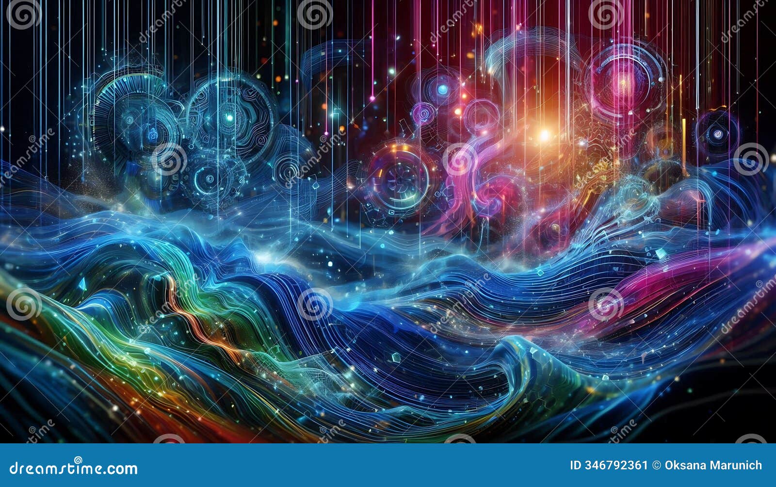 vibrant bio-digital ocean with waves of glowing liquid interacting with mechanical structures