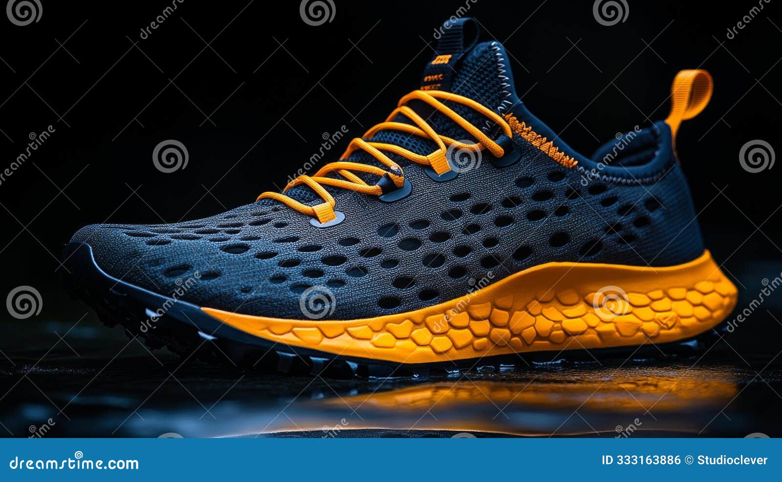 vibrant black and orange running shoe with textured sole generative ai