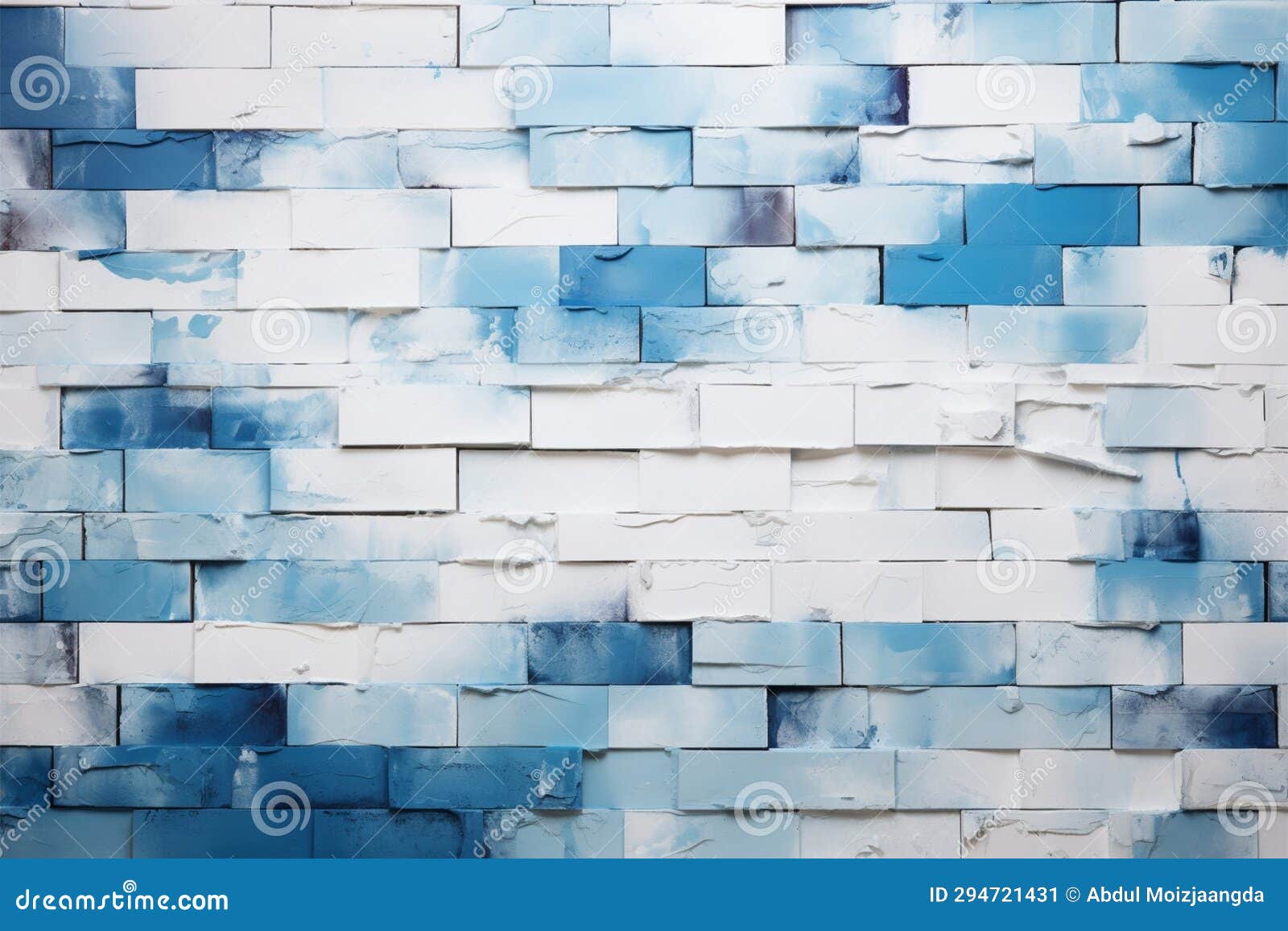 Vibrant Blue and White Chalk Art on a Painted Brick Wall Stock