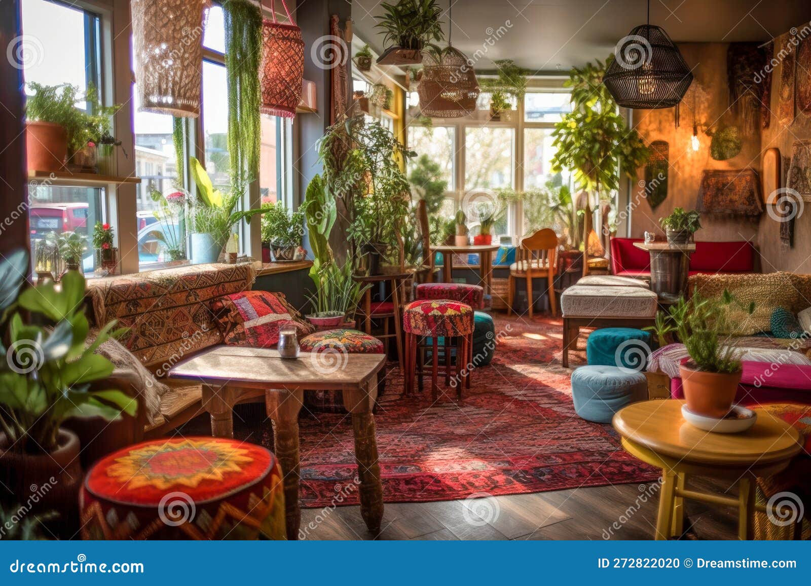 vibrant bohemian chic coffeeshop interior with cozy atmosphere. generative ai..