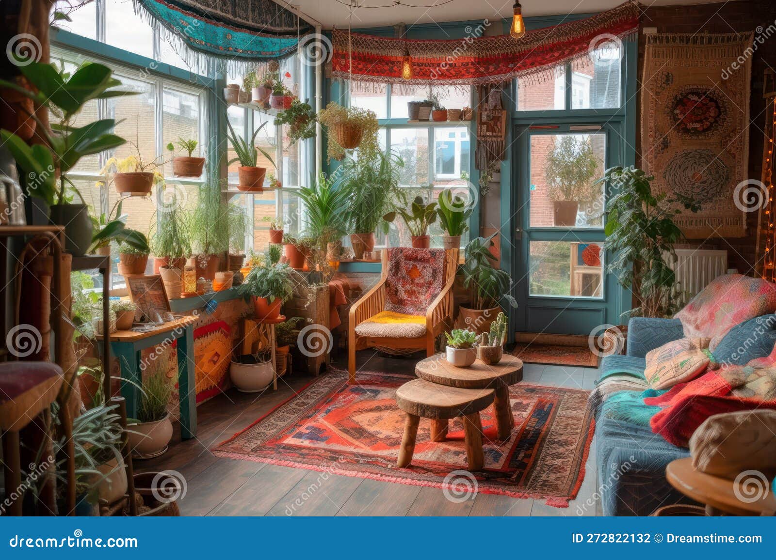 vibrant bohemian chic coffeeshop interior with cozy atmosphere. generative ai..