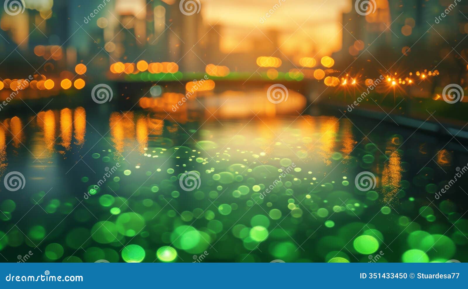 vibrant bokeh lights over a tranquil river at sunset