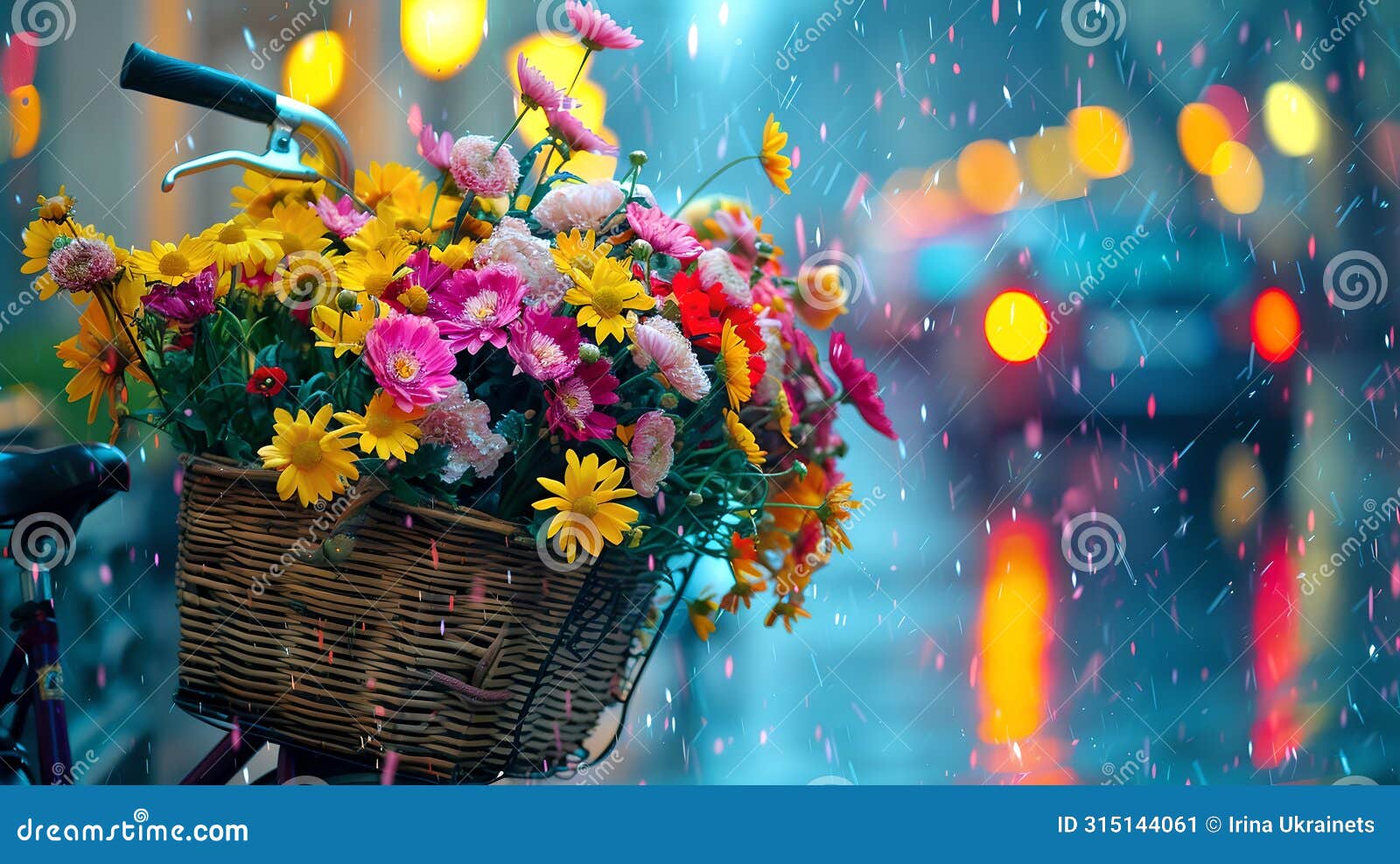 vibrant bouquet in a bike basket on rainy city street. urban life, seasonal flowers, and freshness. atmospheric and