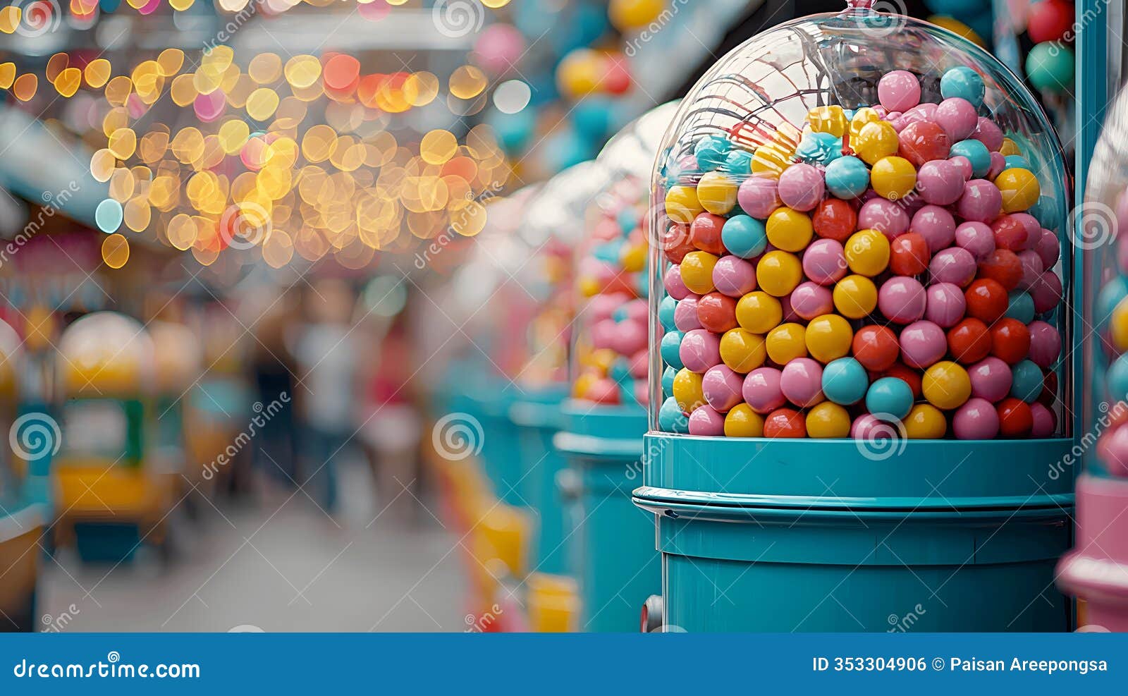 vibrant carnival game booths bursting with colorful gumball machines and bright summer atmosphere