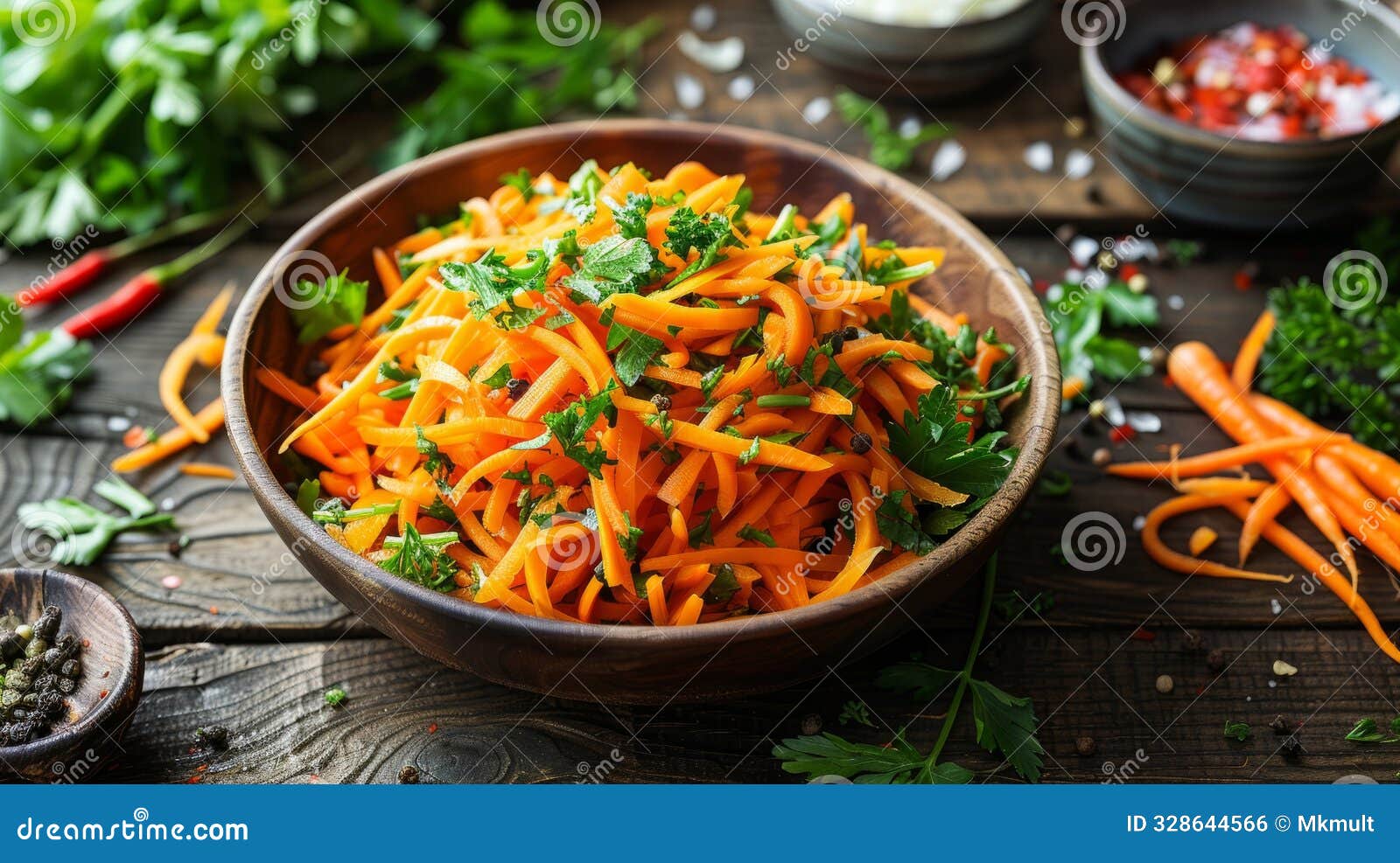 fresh carrot salad with herbs on rustic wooden surface in a bright kitchen