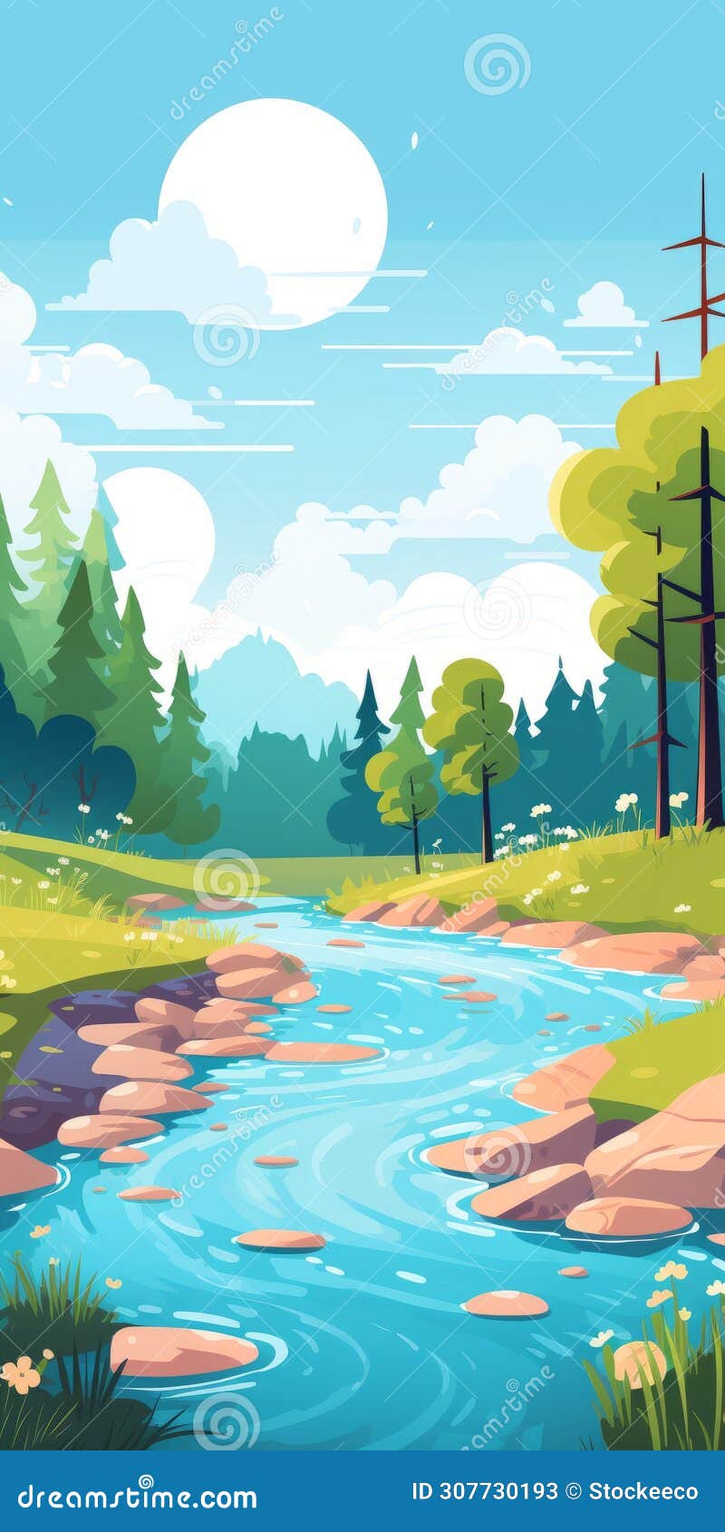 wild and peaceful cartoon landscape: creek in pastel colors