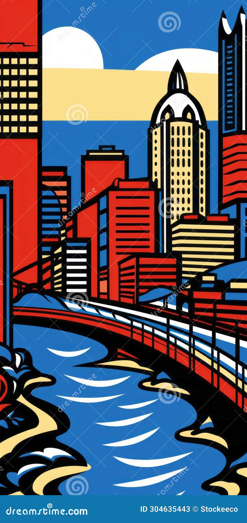 pop art pittsburgh skyline: red and blue artwork inspired by roy lichtenstein