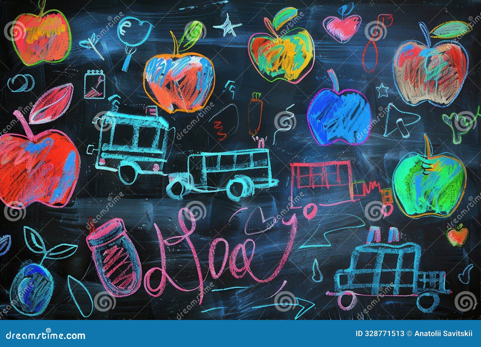 a vibrant chalkboard features colorful s of globes, rulers, and lightbulbs, enhancing the creative atmosphere of