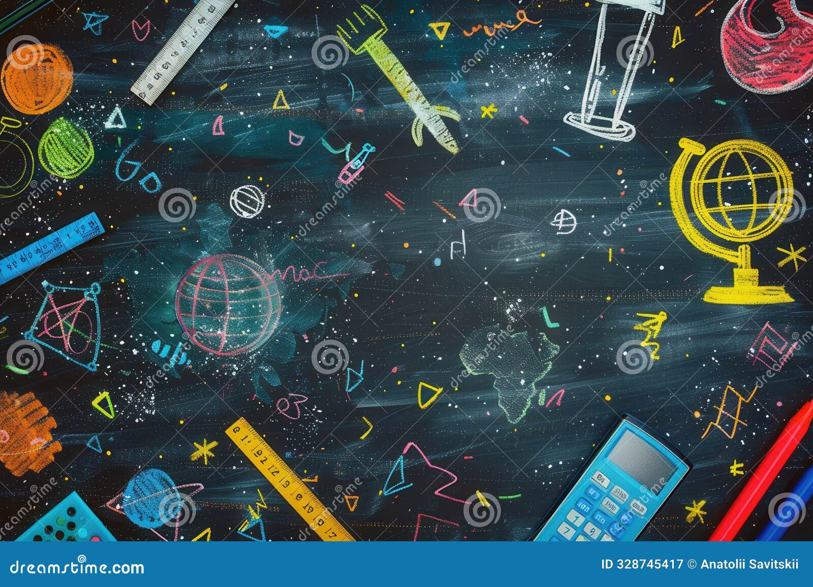 a vibrant chalkboard showcases colorful drawings of globes, rulers, calculators, and lightbulbs, creating an engaging