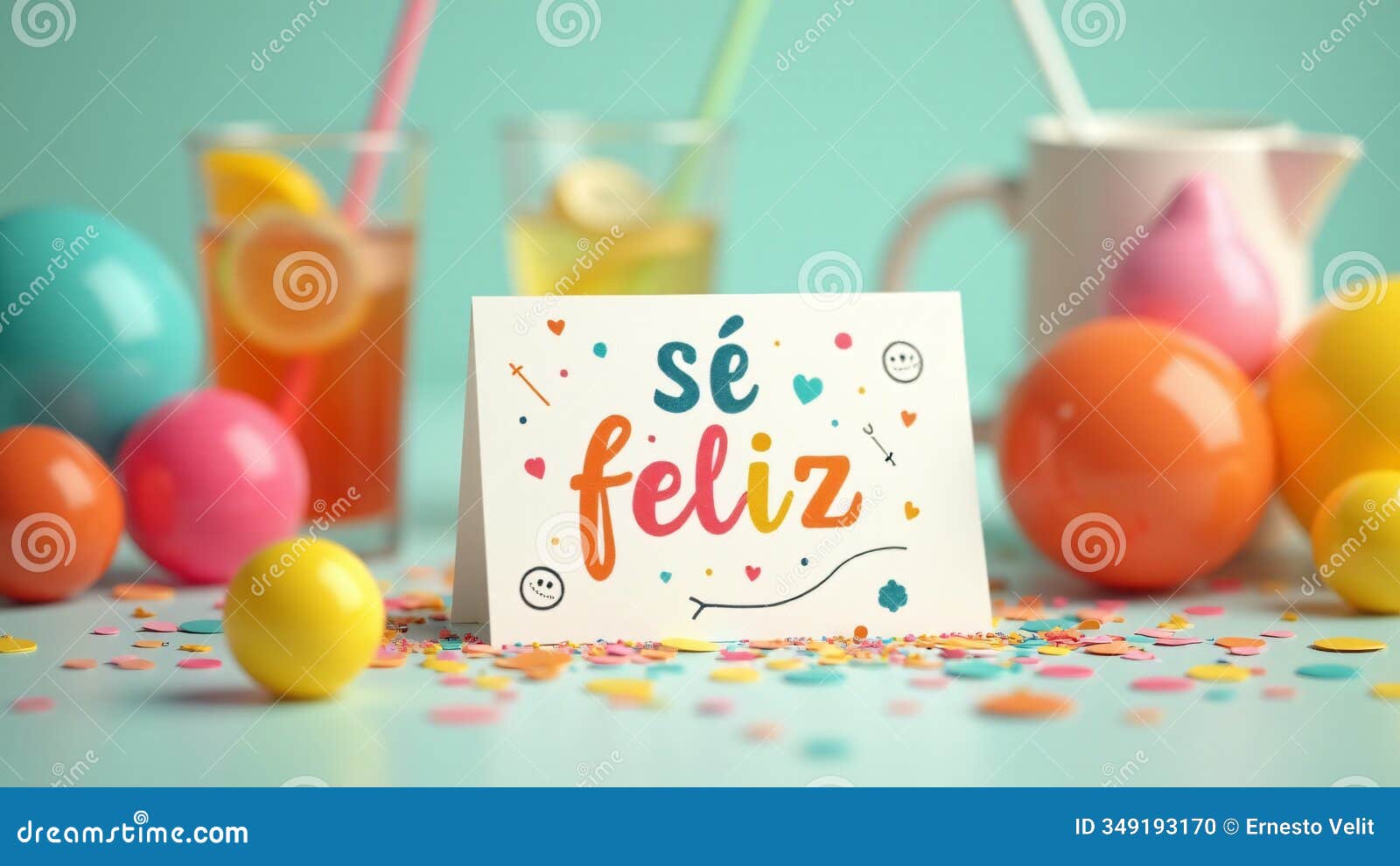arreglo alegre con globos de colores, confeti y tarjeta se feliz con dibujos felices