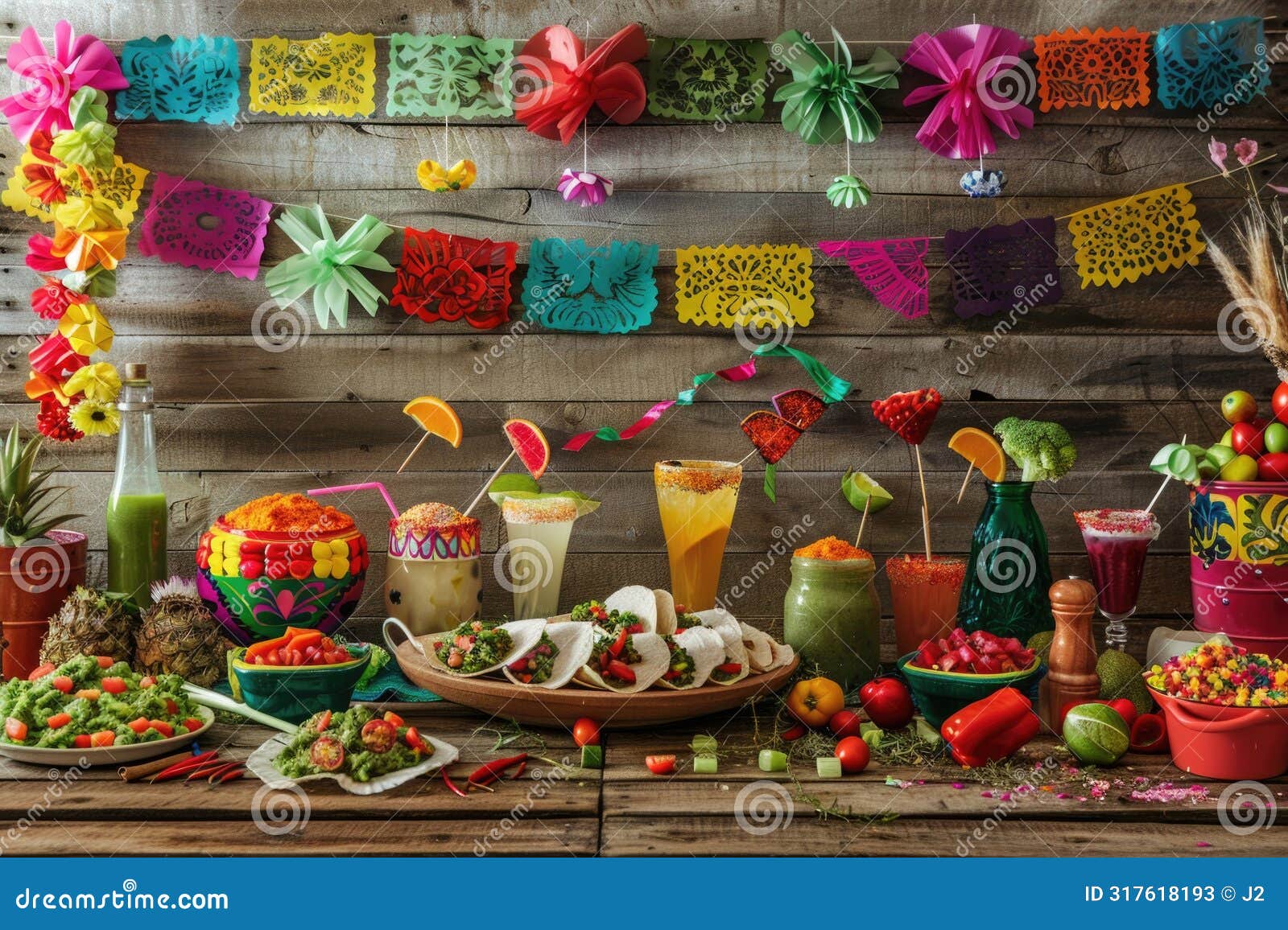vibrant cinco de mayo celebration setup with pinatas, papel picado, and traditional mexican food