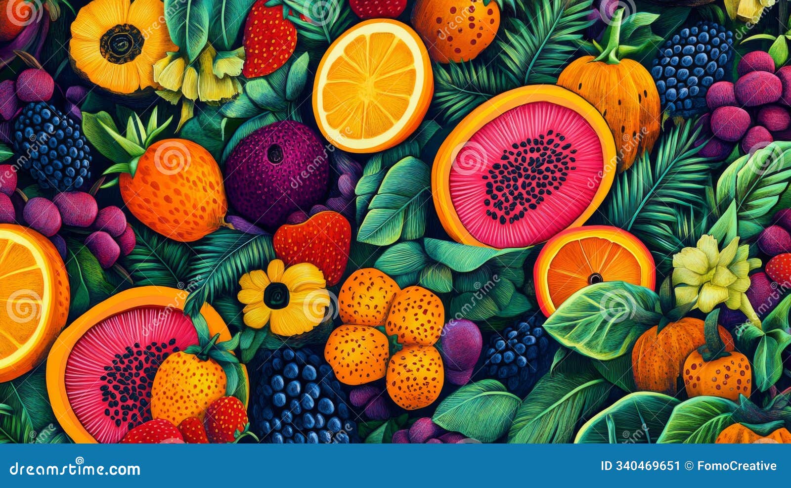 a vibrant collage of tropical fruits and flowers