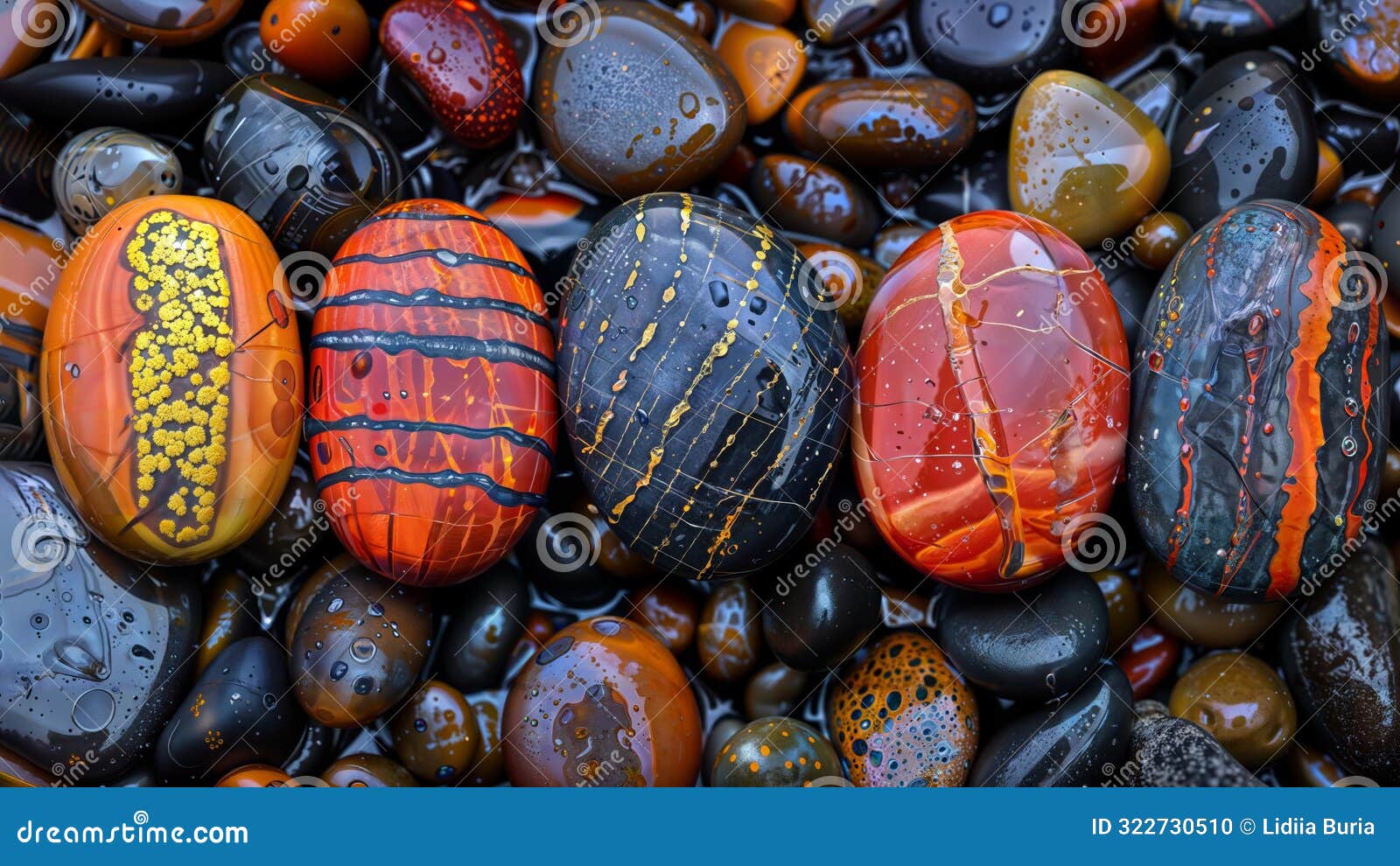 vibrant wet multicolored stones with intricate patterns for artistic s, generative ai