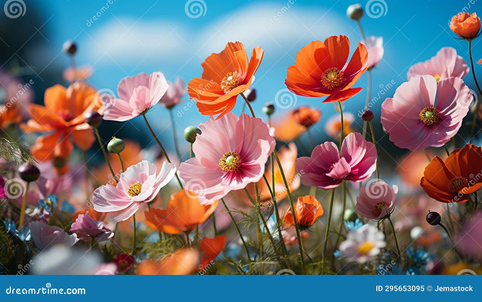 Vibrant Colored Flowers Bloom in the Meadow Generated by AI Stock Image