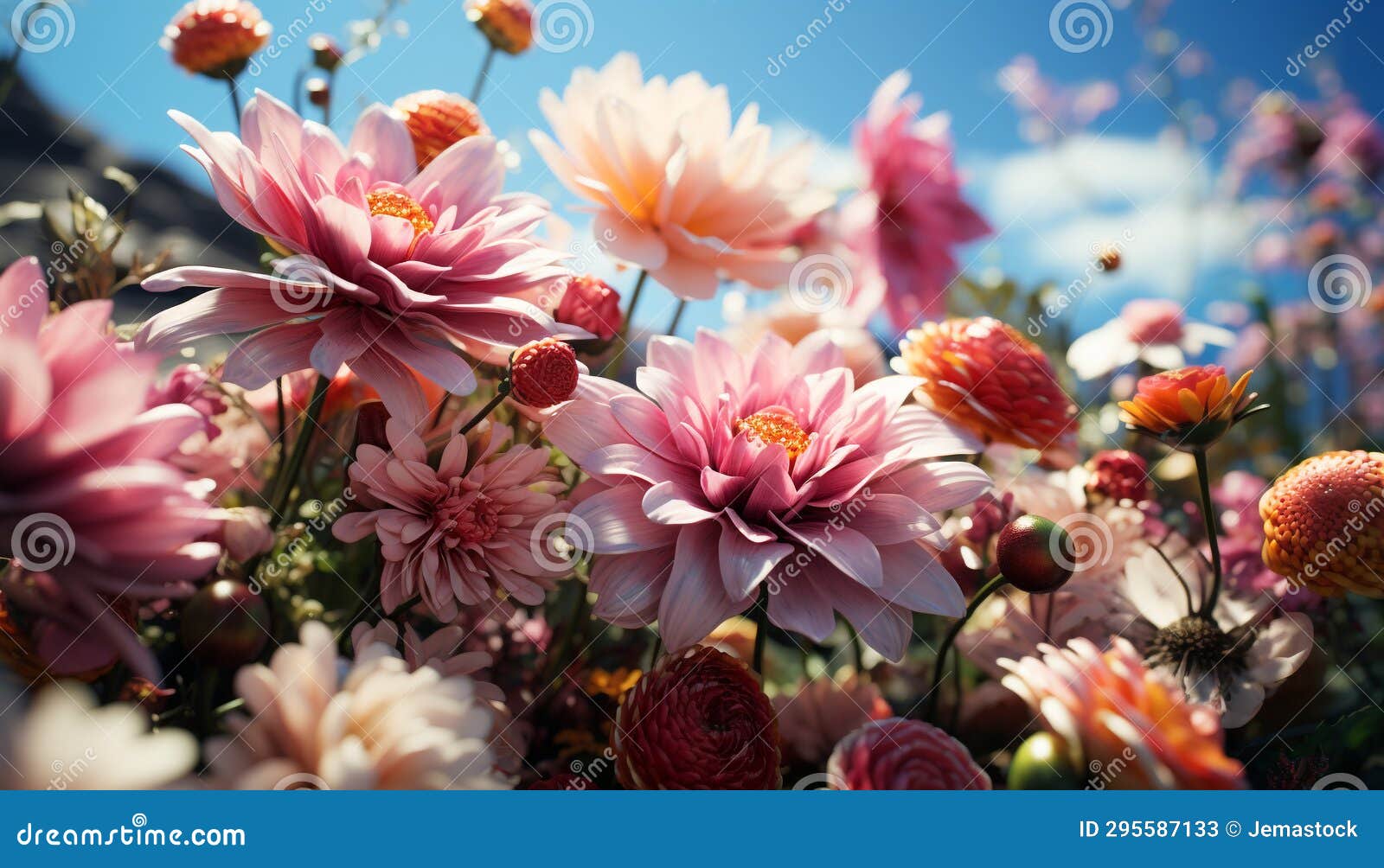 Vibrant Colored Flowers Blossom in Nature Garden Generated by AI Stock
