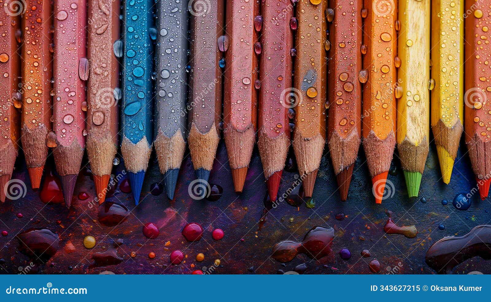 vibrant colored pencils organised on colorful wooden surface, creative art background. generative ai