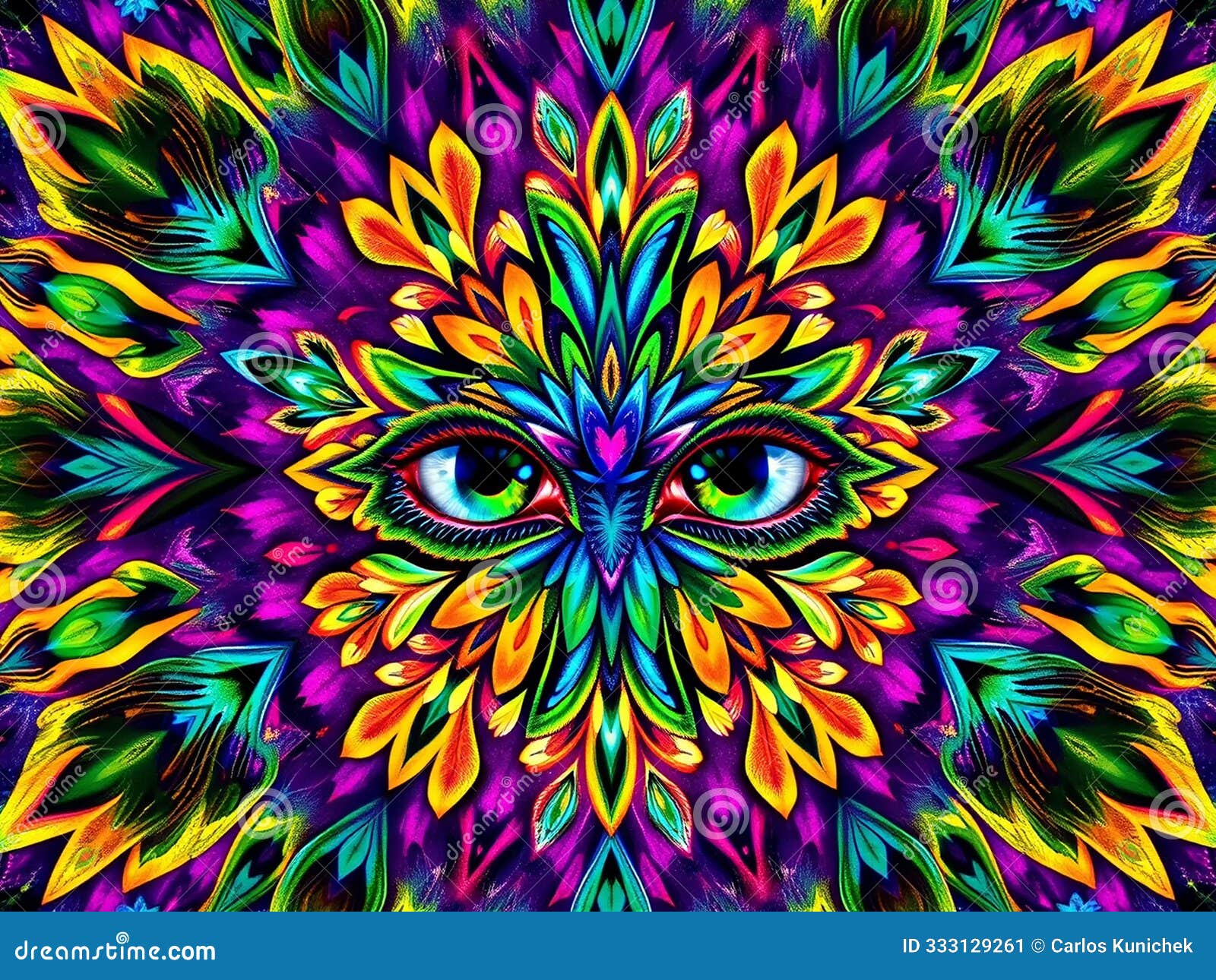 a vibrant and colorful image featuring an intricate symmetrical  that incorporates s resembling peacock feathers and