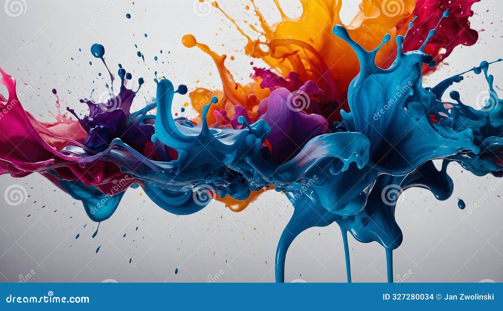 vibrant colorful paint splashes crossing each other's paths in dynamic motion on a white background