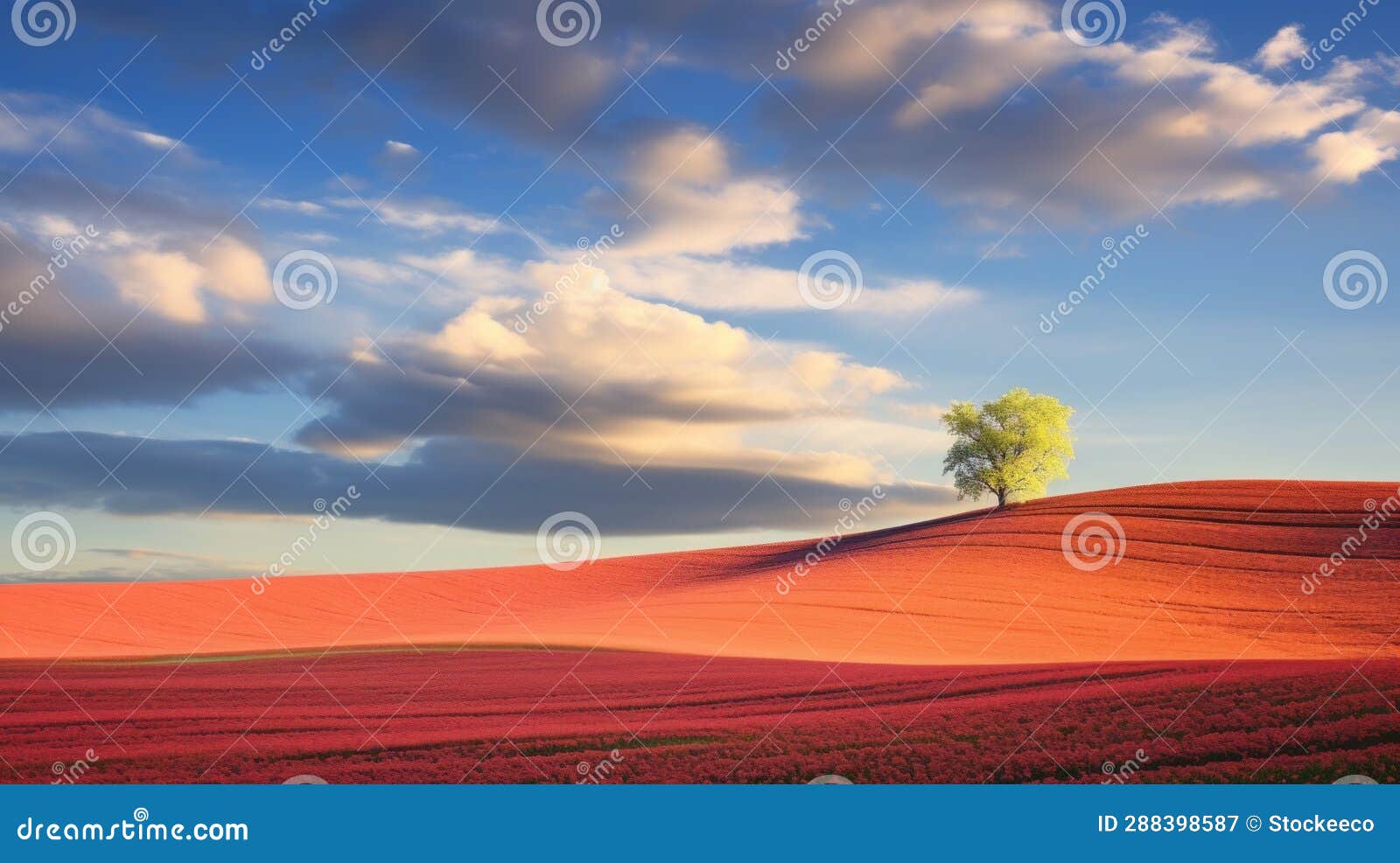award winning landscape photo: tree on red flowering field with dramatic light and shadow