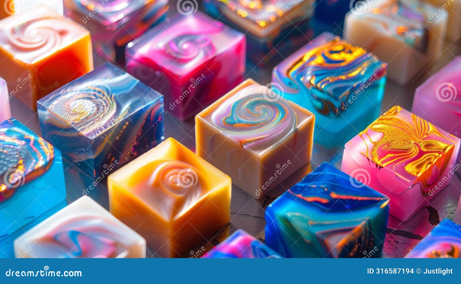 vibrant colors and unique patterns adorn the surface of handcrafted soaps