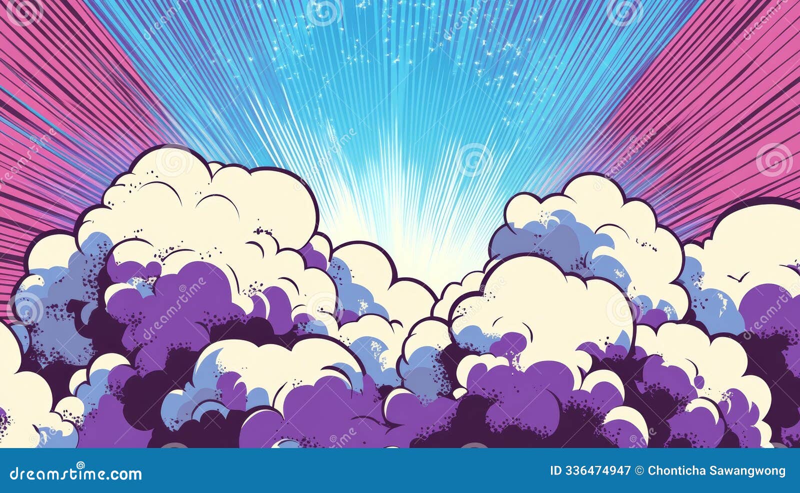a vibrant comic-style  of colorful clouds and rays of light, perfect for creative projects and visual storytelling