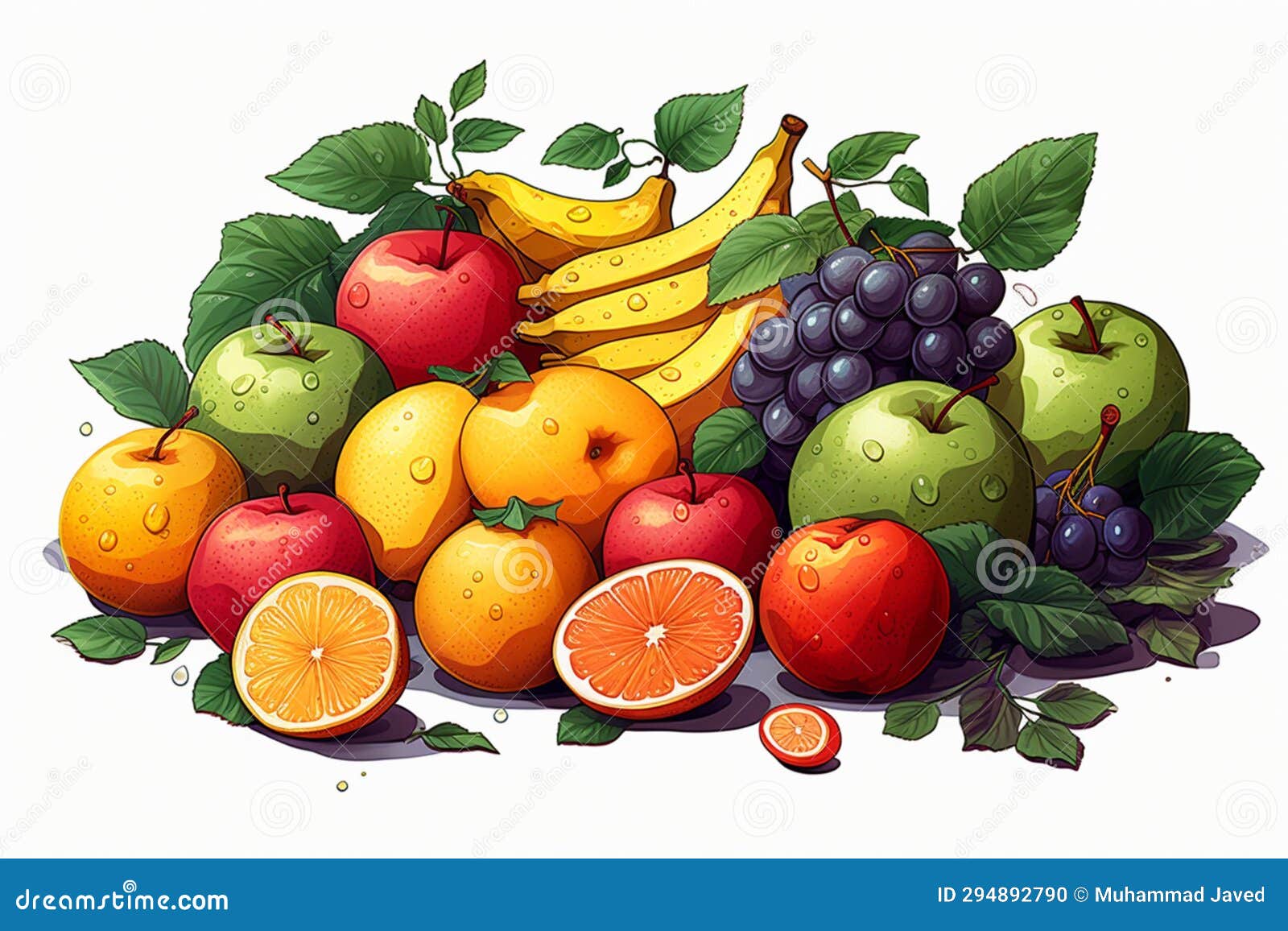vibrant 2d art style featuring an array of fruits on white