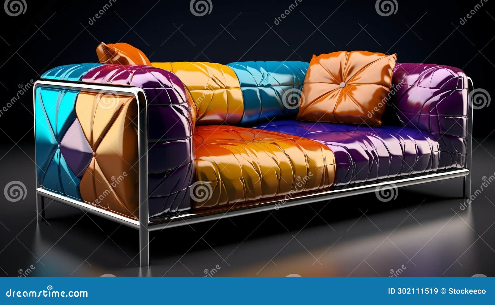 vibrant 3d render of a colorful sofa with bold metallic rectangles