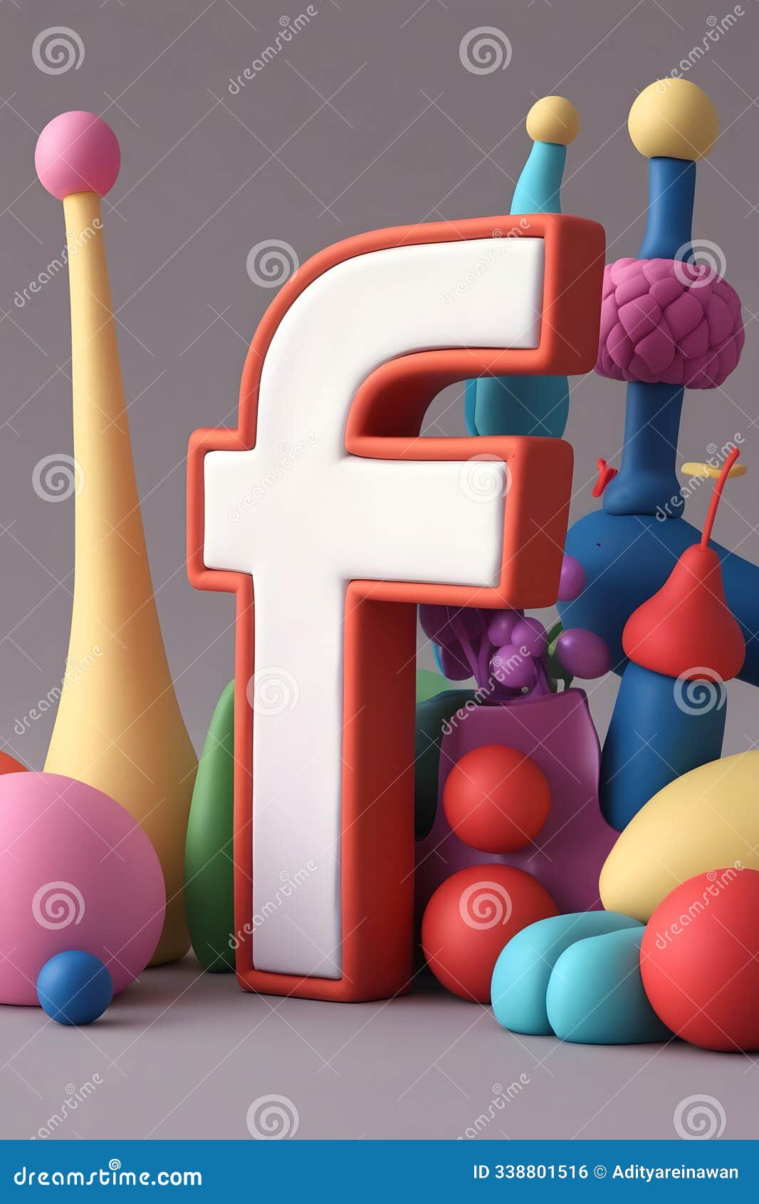 3d render of letter 'f' surrounded by playful colorful objects with stylized clay texture